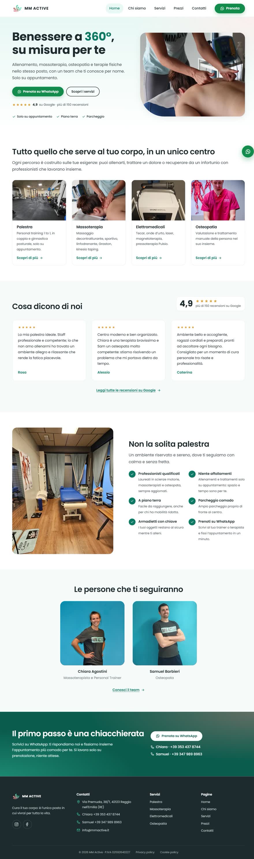 The mmactive.it home page: services, reviews, team and WhatsApp booking